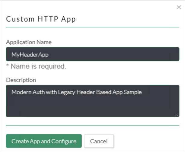 Cuplikan layar dialog Aplikasi HTTP Kustom yang memperlihatkan pengaturan untuk Nama dan Deskripsi Aplikasi.