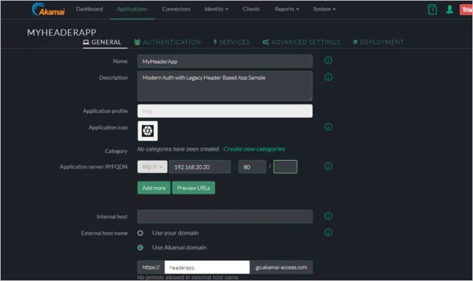 Cuplikan layar tab Umum konsol Akamai EAA memperlihatkan pengaturan umum untuk MYHEADERAPP.