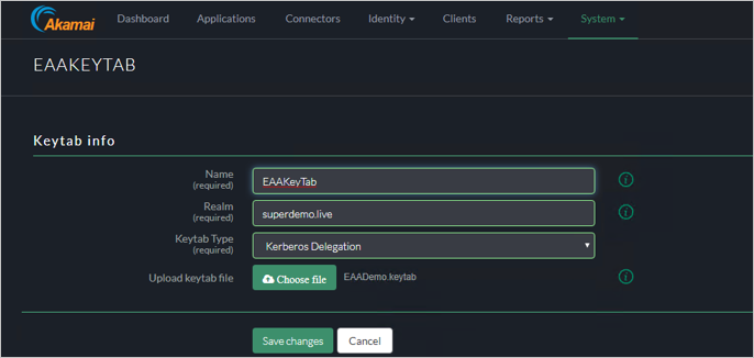 Cuplikan layar EAAKEYTAB di konsol Akamai EAA yang memperlihatkan pengaturan Keytab. Jenis Keytab diset ke Delegasi Kerberos.
