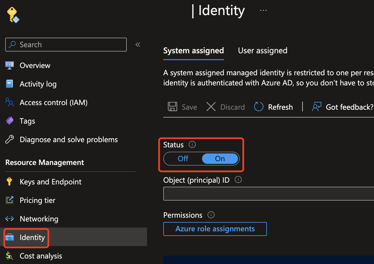 Cuplikan layar portal Azure mengaktifkan identitas terkelola.