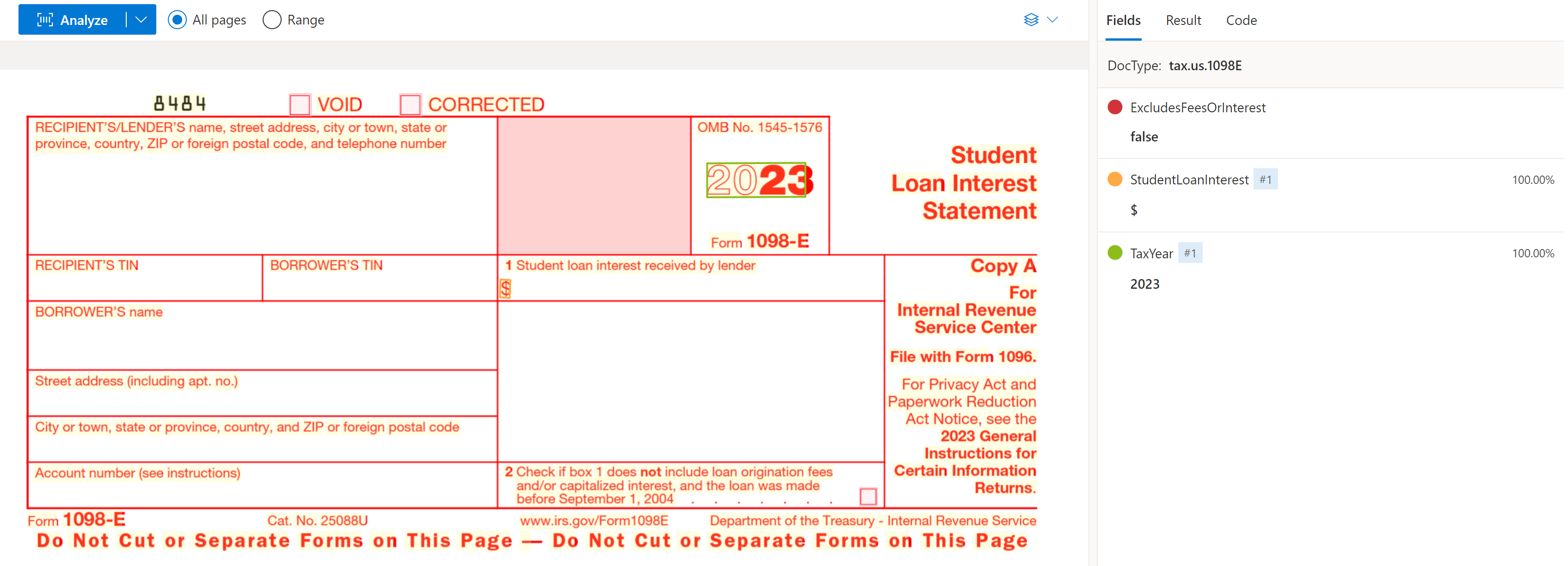 Cuplikan layar formulir pajak US 1098-E yang dianalisis di Studio Kecerdasan Dokumen.