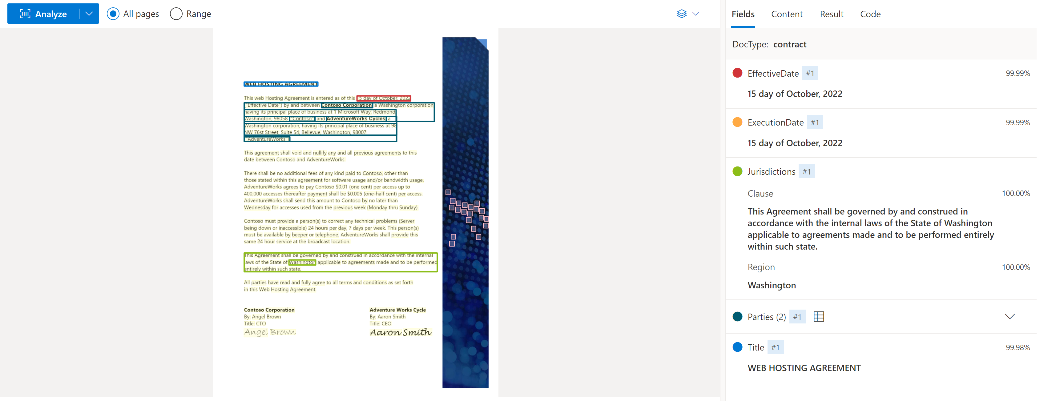 Cuplikan layar ekstraksi model Kontrak menggunakan Document Intelligence Studio.