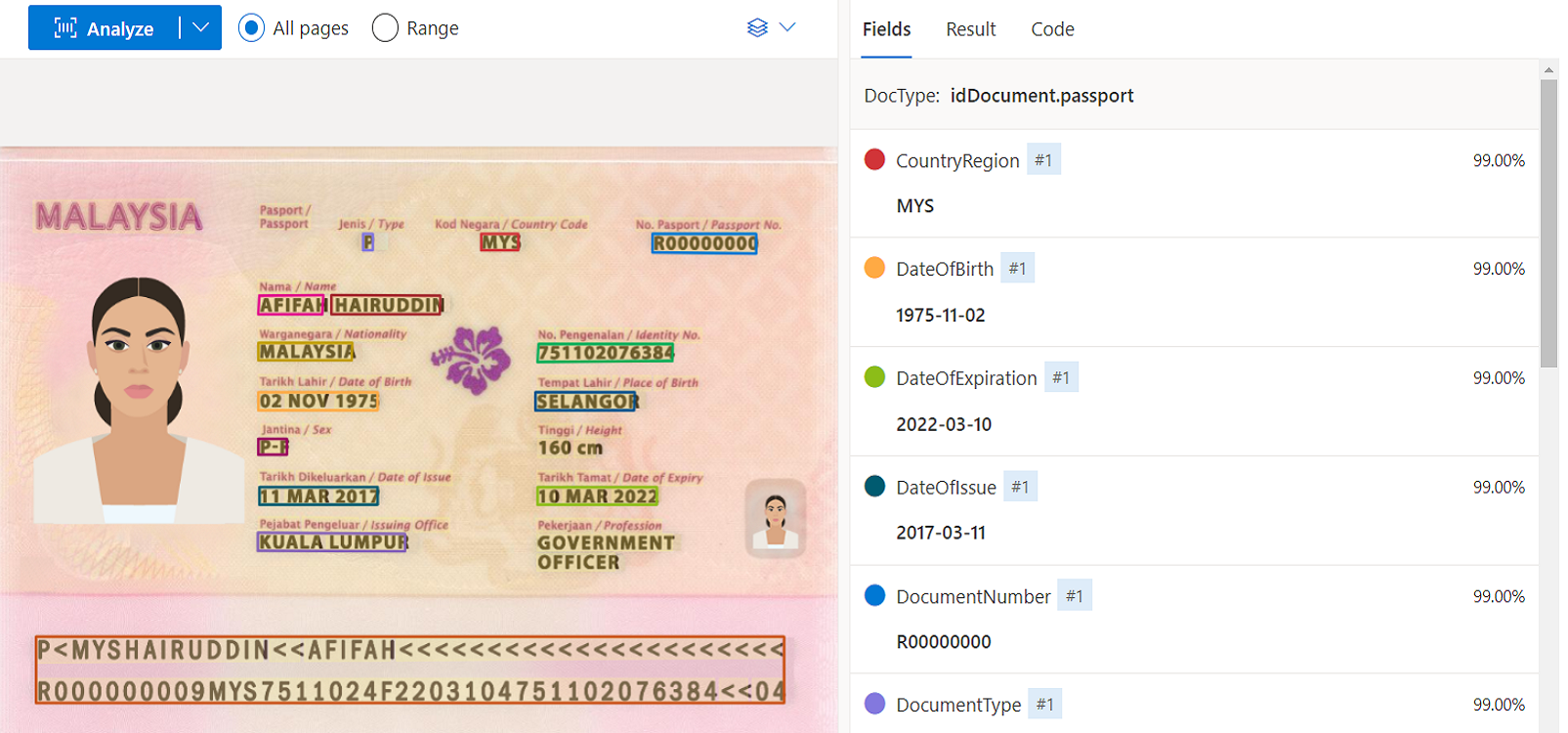 Cuplikan layar analisis model dokumen Identitas (ID) menggunakan Document Intelligence Studio.