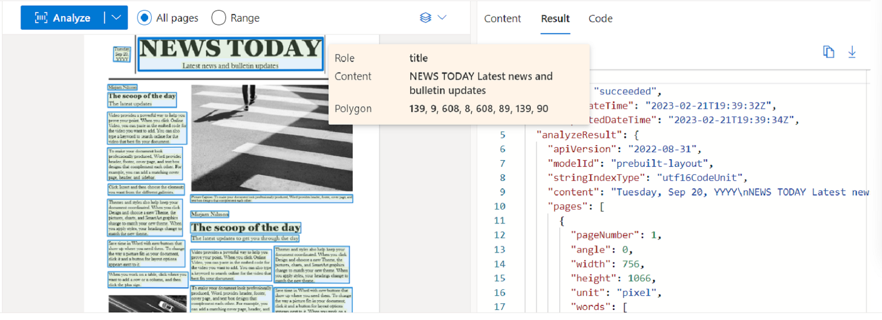 Cuplikan layar analisis model tata letak menggunakan Document Intelligence Studio.