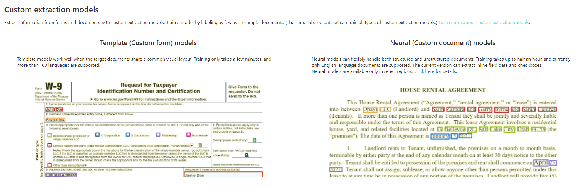 Cuplikan layar analisis model ekstraksi kustom di Document Intelligence Studio.