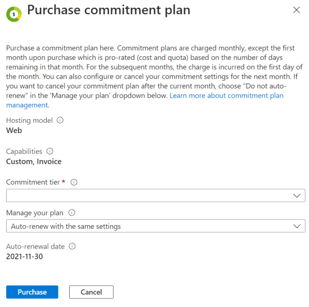 Cuplikan layar yang memperlihatkan harga tingkat komitmen dan detail pembaruan di portal Azure.