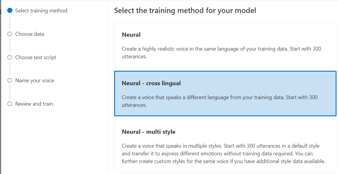 Cuplikan layar yang memperlihatkan cara memilih pelatihan lintas bahasa neural.