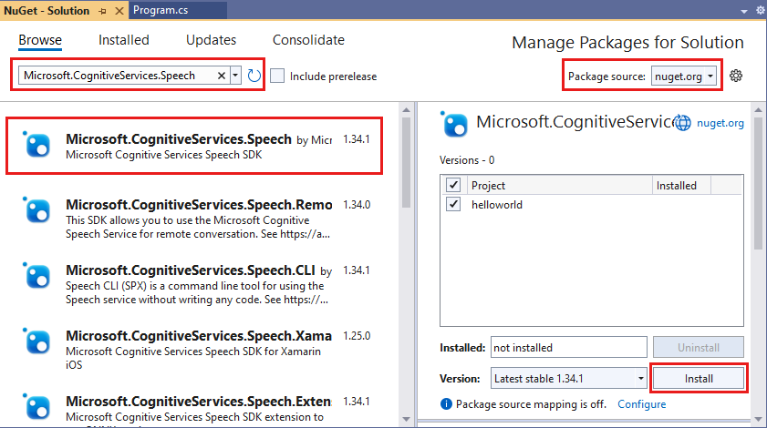 Cuplikan layar yang memperlihatkan pemasangan paket Microsoft.CognitiveServices.Speech NuGet.