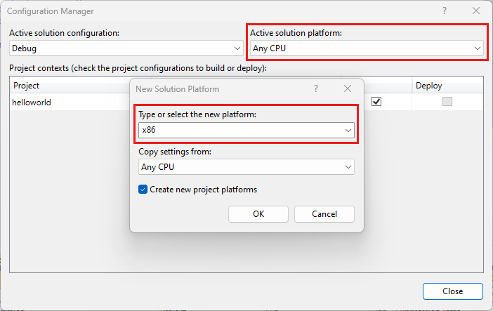 Cuplikan layar yang memperlihatkan kotak dialog Configuration Manager.