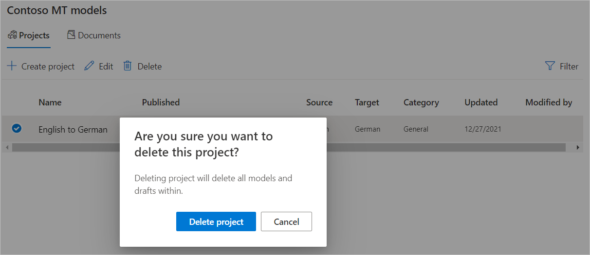Cuplikan layar yang mengilustrasikan bidang proyek penghapusan.