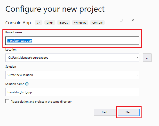 Cuplikan layar: Jendela mengonfigurasi dialog proyek baru di Visual Studio.