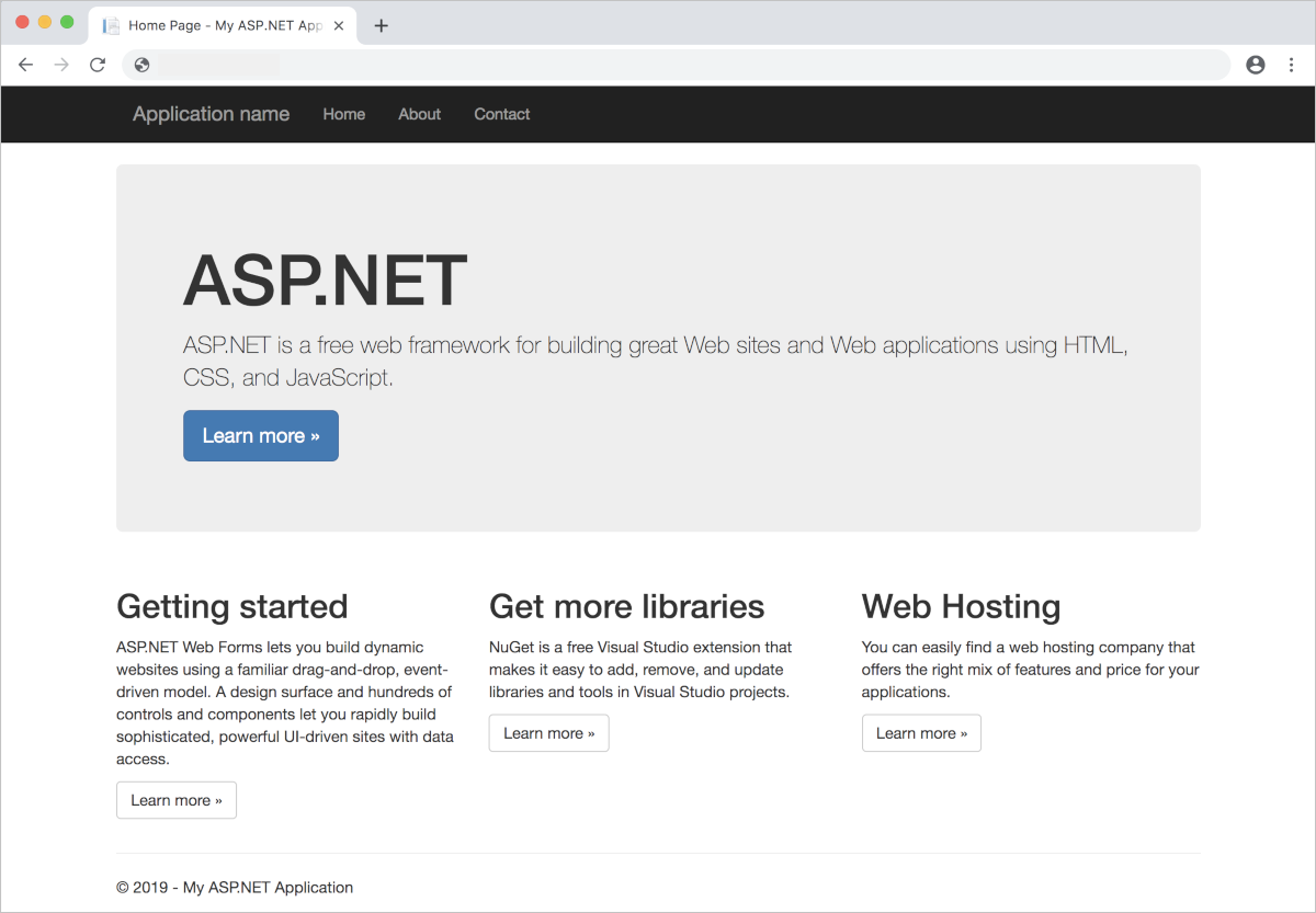 Cuplikan layar halaman beranda untuk aplikasi sampel ASP.NET untuk Windows yang disebarkan pada kluster AKS.