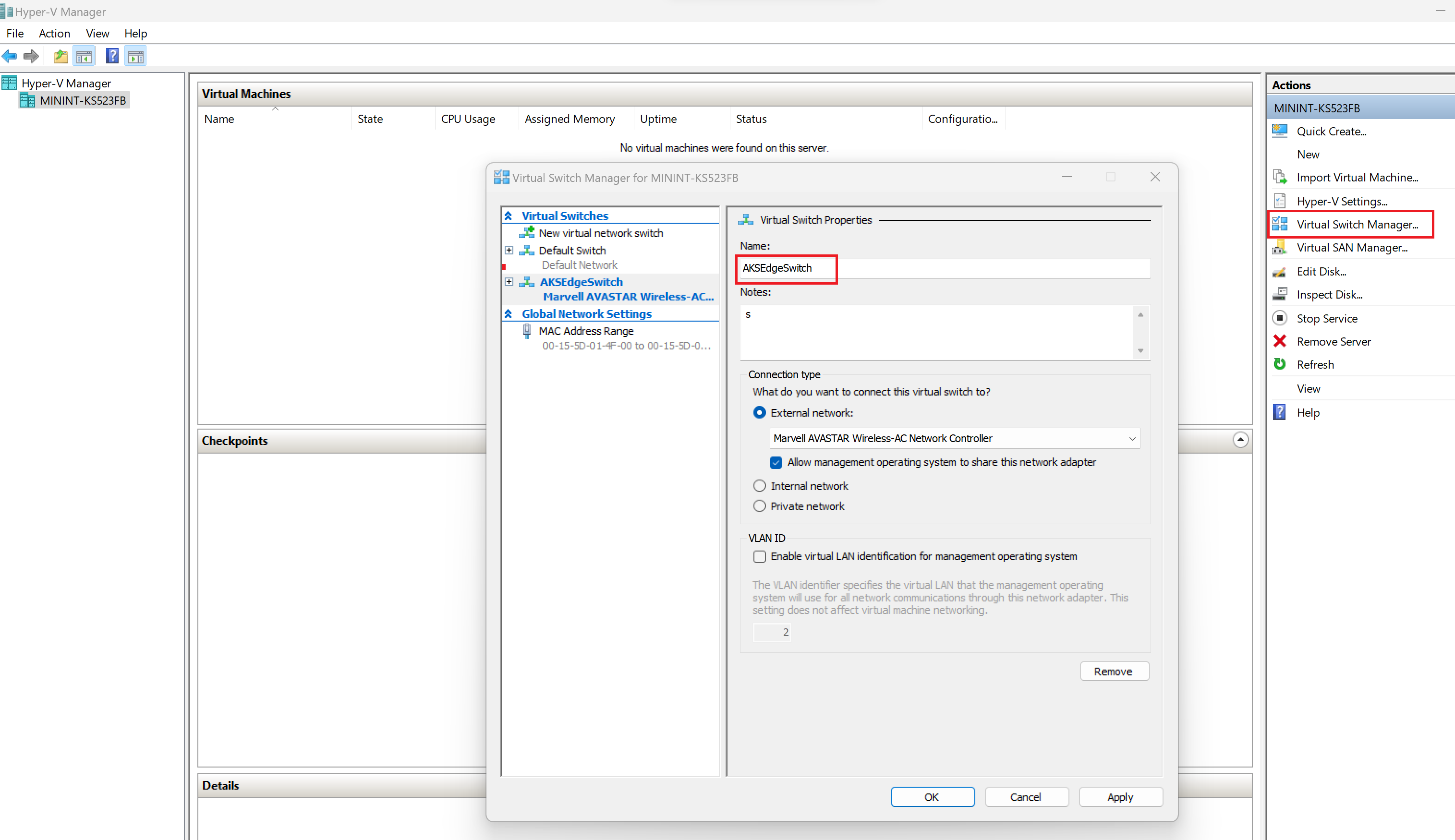 Cuplikan layar manajer pengalih Hyper-V.