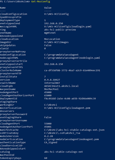 Cuplikan layar memperlihatkan contoh output dari menjalankan perintah Get-Moc-Config untuk Azure Stack HCI SDDC.