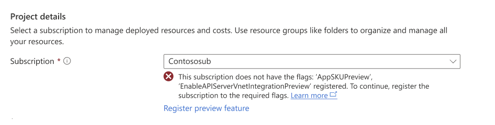 Cuplikan layar kesalahan yang ditampilkan saat langganan tidak memiliki bendera pratinjau yang terdaftar saat membuat kluster Otomatis AKS di portal Azure.