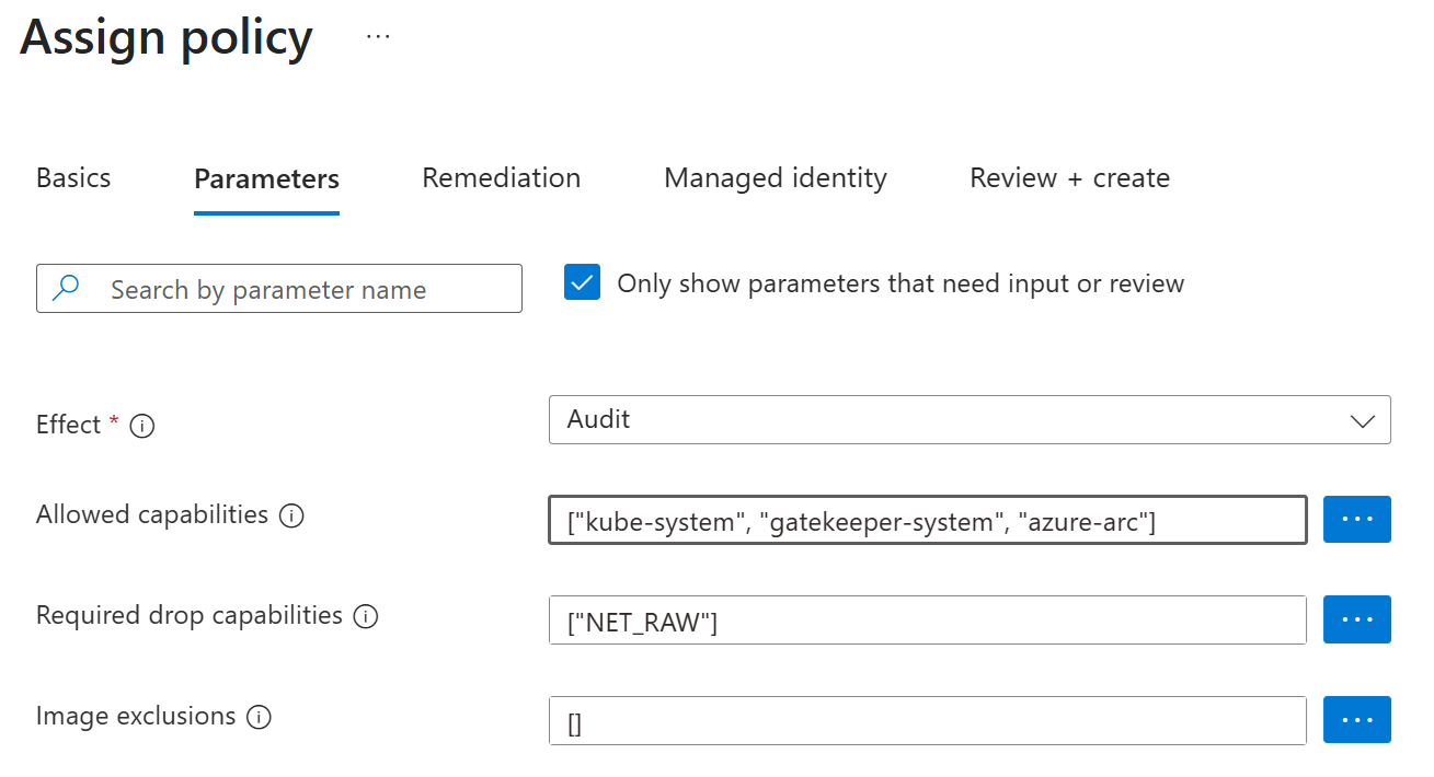 Cuplikan layar kebijakan mitigasi kustom untuk identitas yang dikelola pod Azure.