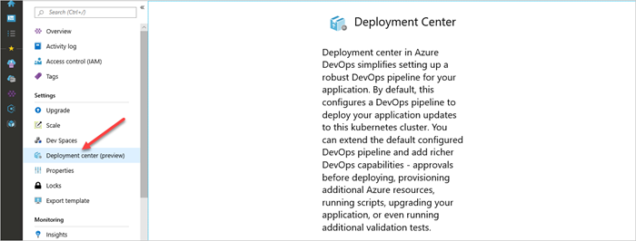 Cuplikan layar memperlihatkan portal Microsoft Azure dengan panah yang menunjuk ke pusat Penyebaran.