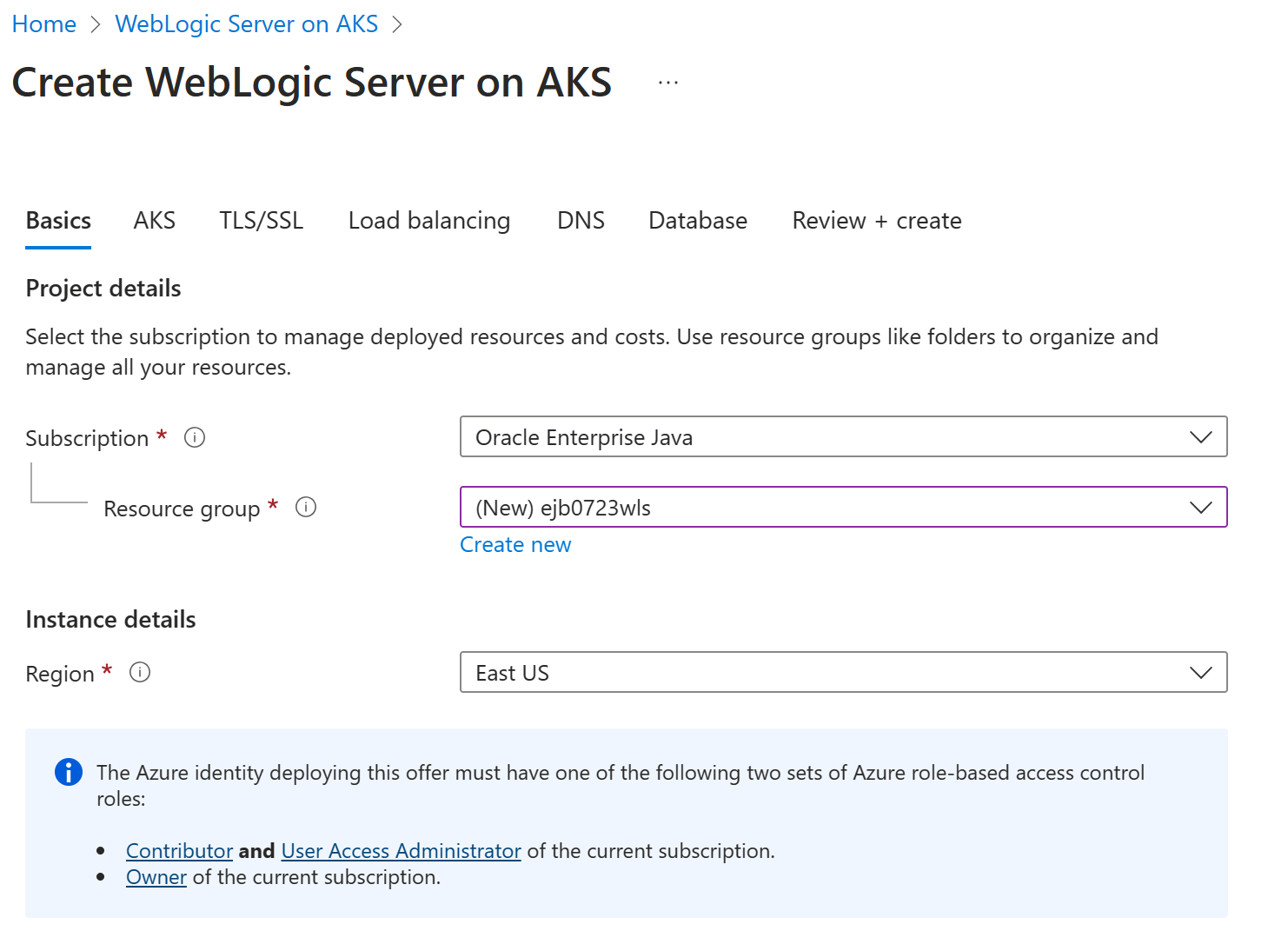 Cuplikan layar portal Azure yang memperlihatkan WebLogic Server di AKS.