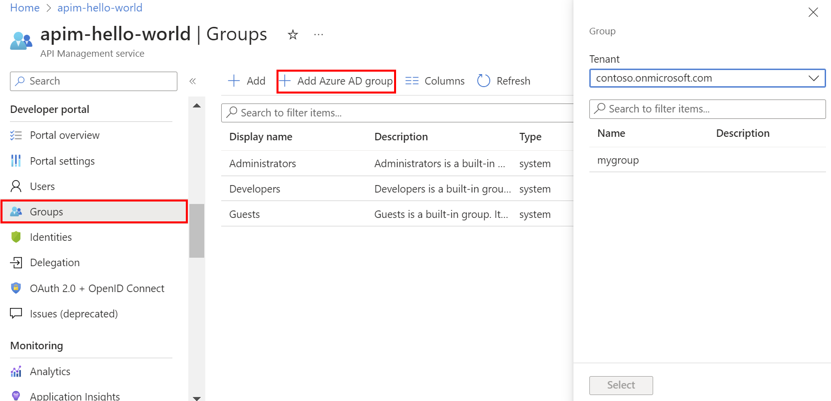 Cuplikan layar memperlihatkan tombol Tambahkan grup Microsoft Entra di portal.