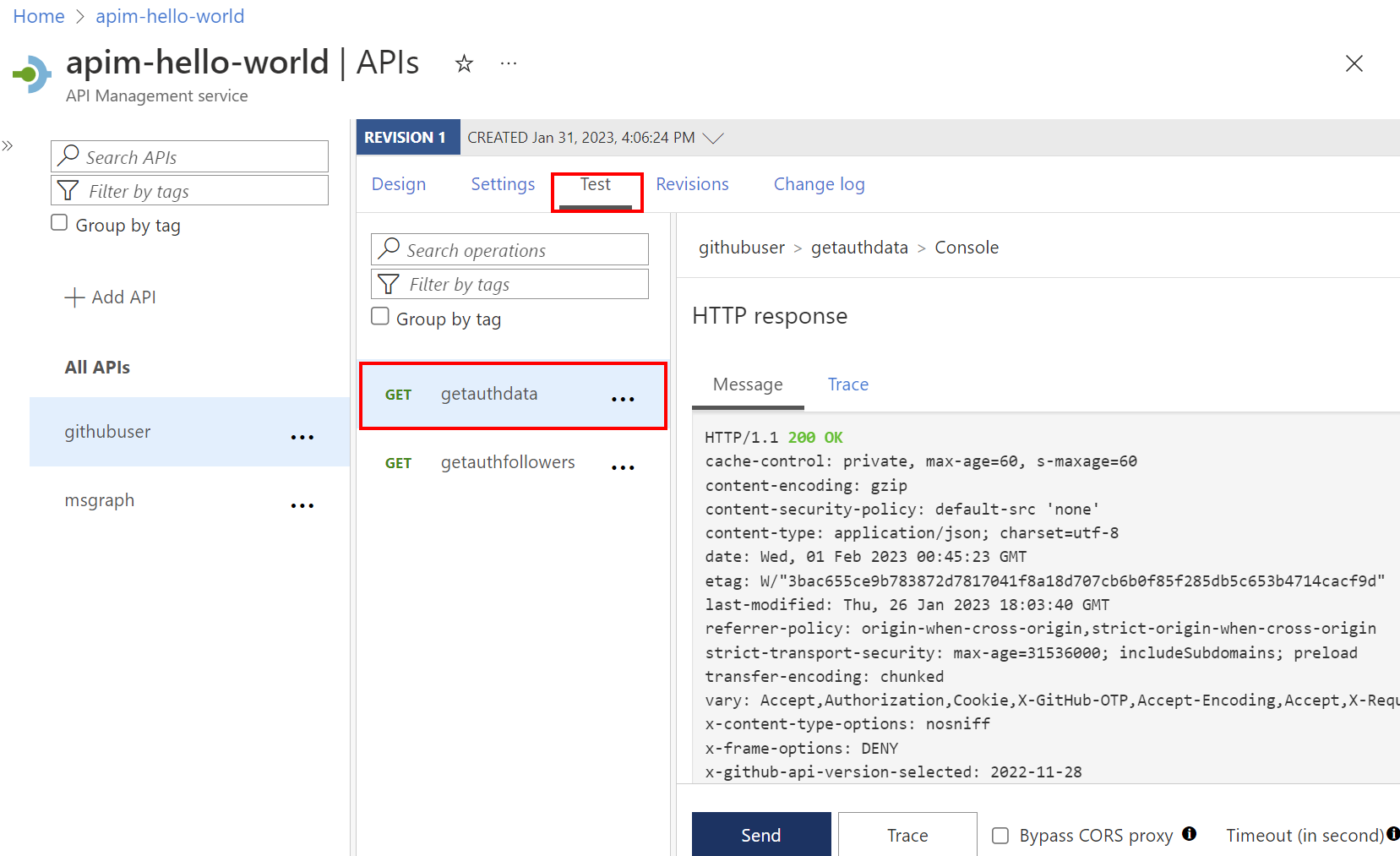 Cuplikan layar pengujian API yang berhasil di dalam portal.