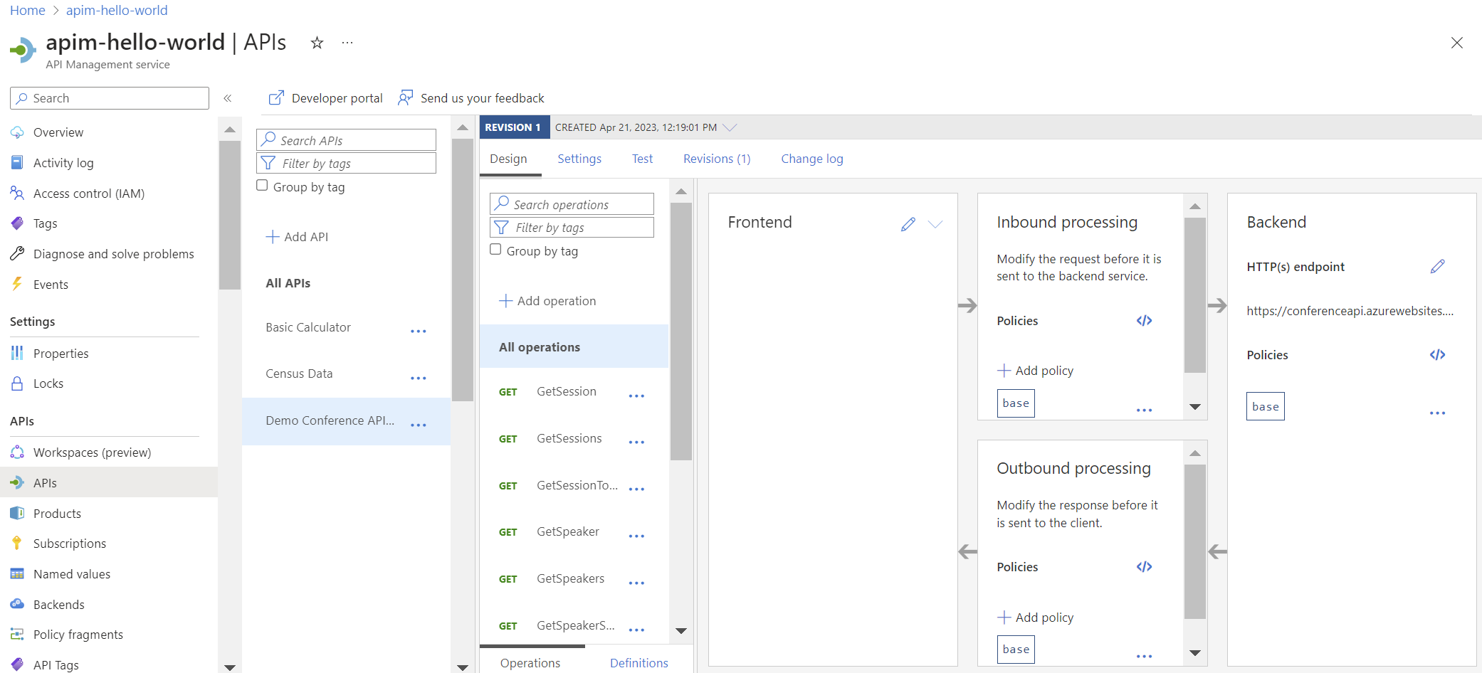 Cuplikan layar API baru di API Management di portal.