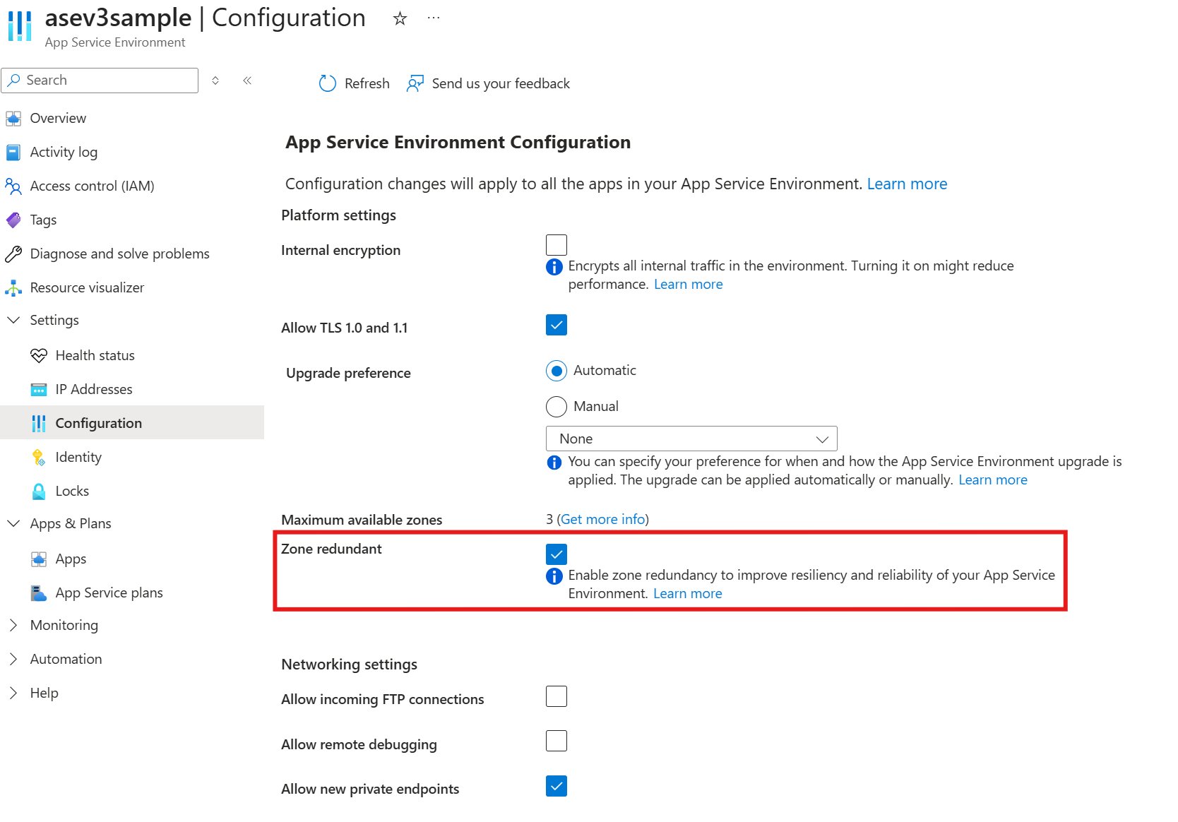 Screenshot properti redundansi zona untuk App Service Environment di portal Azure.