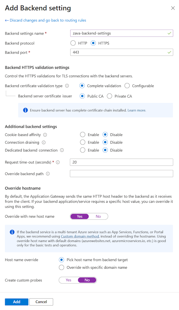 Cuplikan layar yang memperlihatkan cara mengonfigurasi pengaturan backend untuk koneksi protokol HTTPS di portal Microsoft Azure.