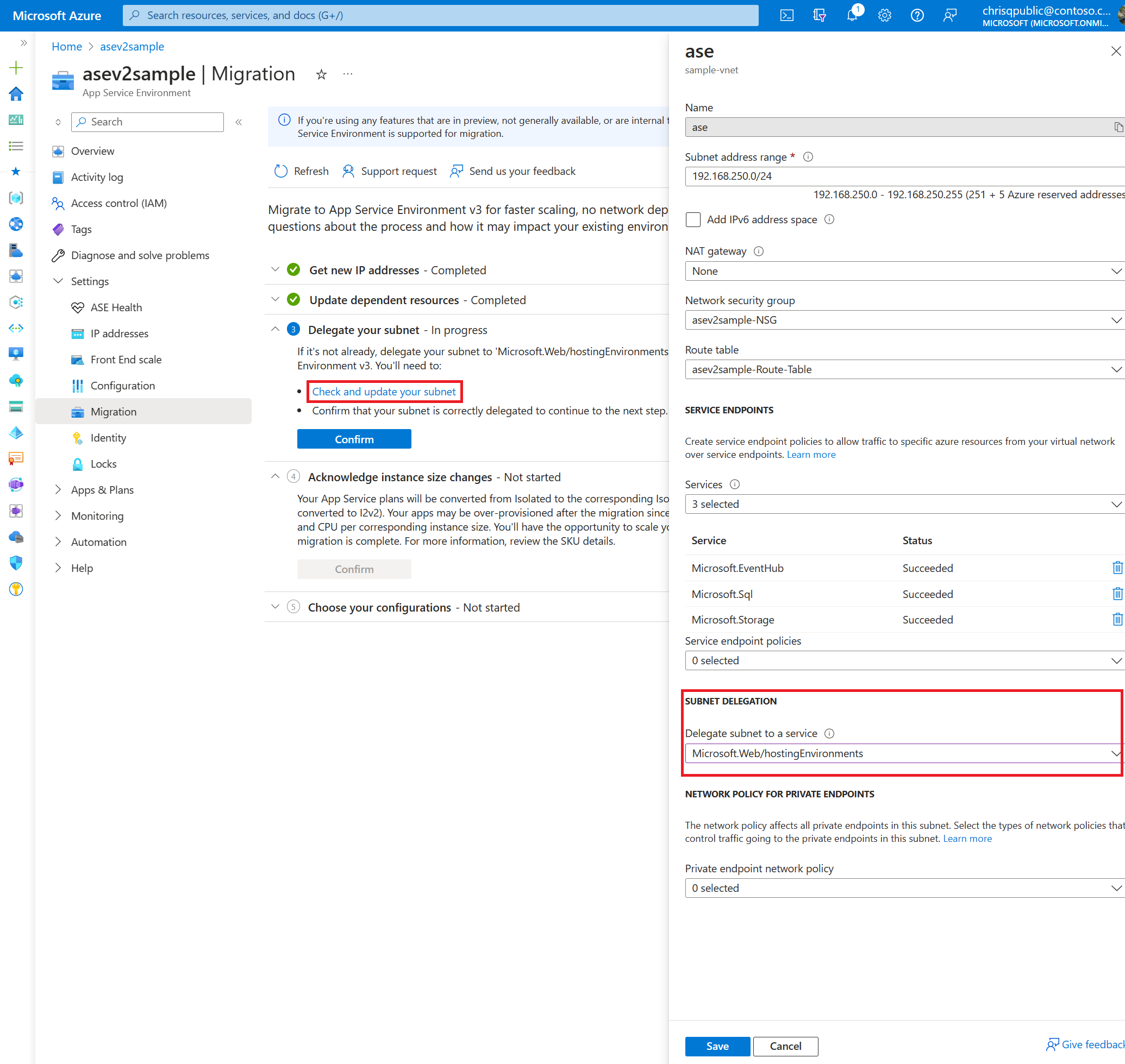 Cuplikan layar yang memperlihatkan delegasi subnet di portal.