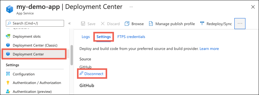 Cuplikan layar menunjukkan cara memutuskan sinkronisasi folder cloud Anda dengan aplikasi App Service Anda di portal Microsoft Azure.