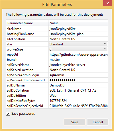 Shows the newly filled parameters for the azuredeploy.json file.