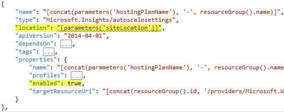 Shows the location and enabled properties in the appInsights AutoScale JSON code and the values you should set them to.