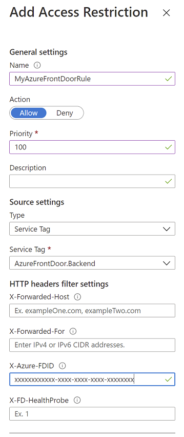 Cuplikan layar halaman 'Pembatasan Akses' di portal Microsoft Azure, memperlihatkan cara menambahkan pembatasan Azure Front Door.