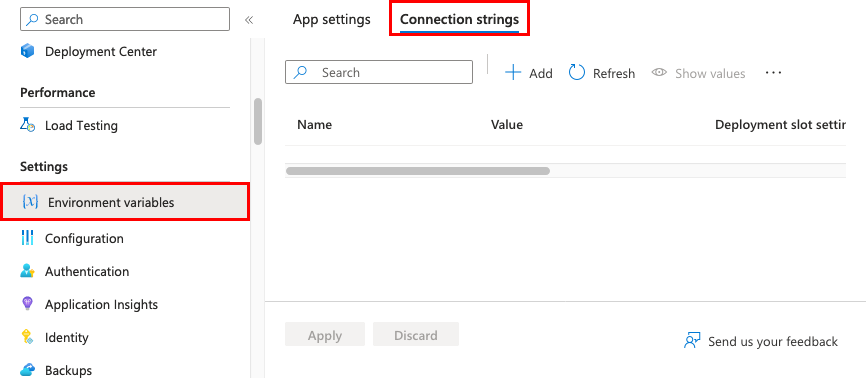 Cuplikan layar memperlihatkan UI terbuka untuk String koneksi.