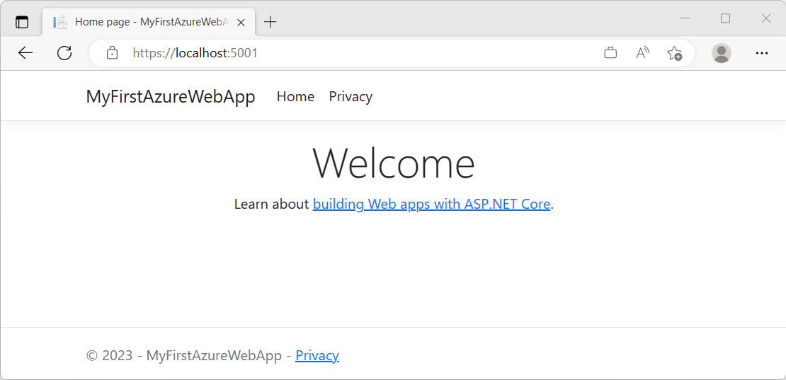 Cuplikan layar Visual Studio - ASP.NET Core 7.0 berjalan secara lokal.