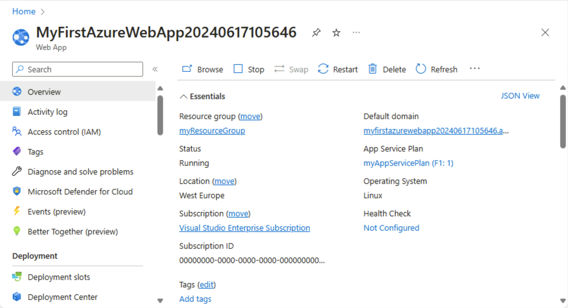 Cuplikan layar portal Azure - Halaman gambaran umum App Service.