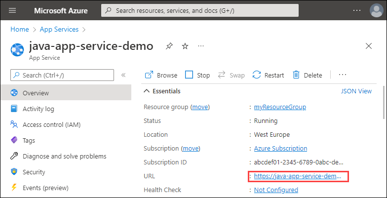 Cuplikan layar gambaran umum sumber daya App Service dengan URL yang disorot.