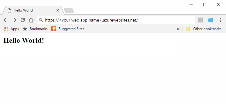 Cuplikan layar aplikasi web Halo Dunia Maven yang berjalan di Azure App Service.