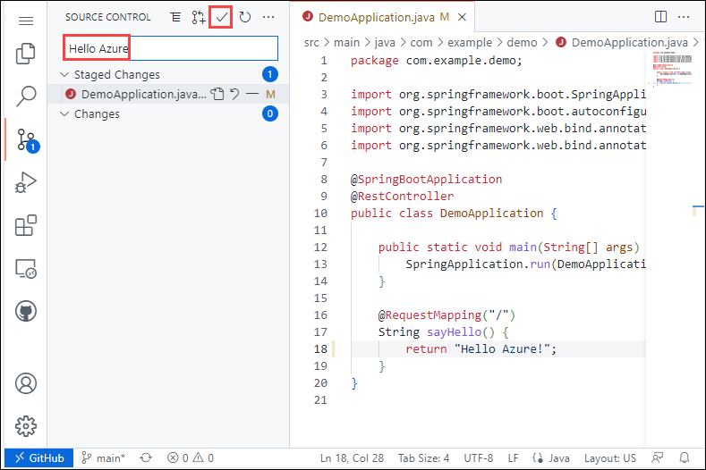 Cuplikan layar Visual Studio Code di browser, panel Kontrol Sumber dengan pesan komit 'Halo Azure' dan tombol Terapkan dan Tekan disorot.
