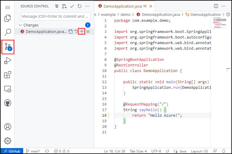 Cuplikan layar Visual Studio Code di browser, sorot navigasi Kontrol Sumber di bilah sisi, lalu sorot tombol Perubahan Tahap di panel Kontrol Sumber.