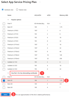 Cuplikan layar yang menunjukkan cara memilih paket layanan aplikasi dasar di portal Azure.