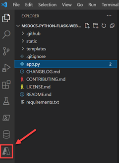 Cuplikan layar ikon Tools Azure di bagian kiri toolbar Visual Studio Code. 