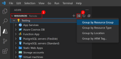 Cuplikan layar yang menunjukkan cara menghapus grup sumber daya di Visual Studio Code menggunakan ekstensi Alat Azure.