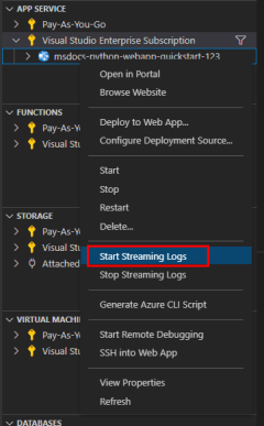 Cuplikan layar mengenai cara untuk memulai log streaming dengan ekstensi Visual Studio Code.