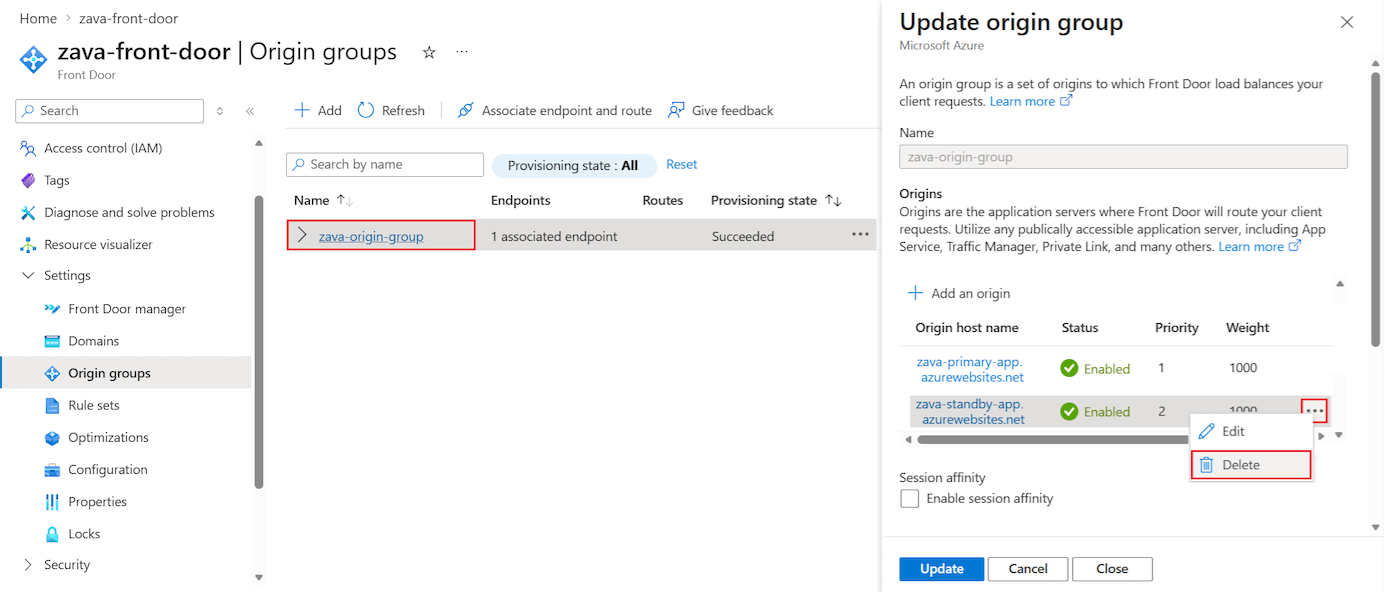 Screenshot yang menunjukkan cara menghapus sementara slot asal Azure Front Door.