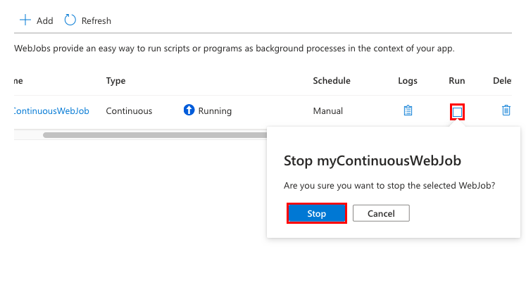 Cuplikan layar yang memperlihatkan cara menghentikan WebJob berkelanjutan di portal Azure.