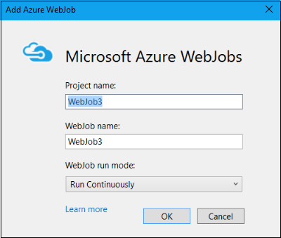 Kotak dialog Tambahkan Azure WebJob