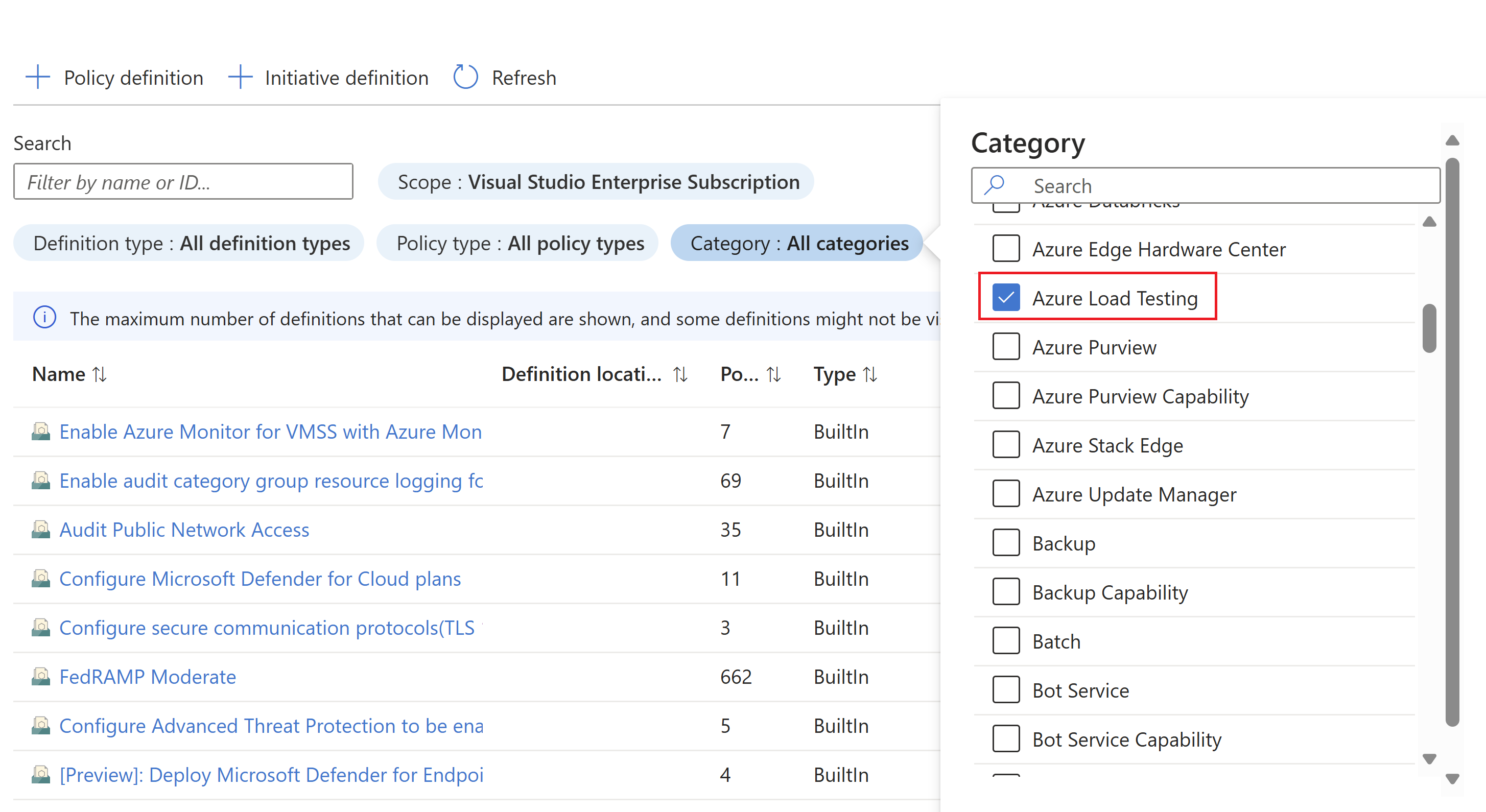 Cuplikan layar yang memperlihatkan Filter Kategori dan kategori Pengujian Beban Azure yang dipilih.