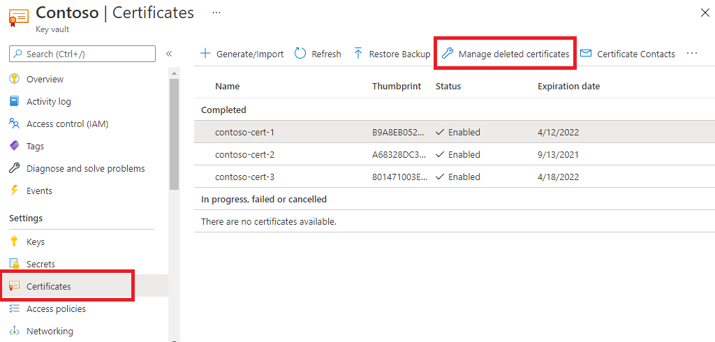 Screenshot that shows how to recover a deleted certificate in Key Vault.