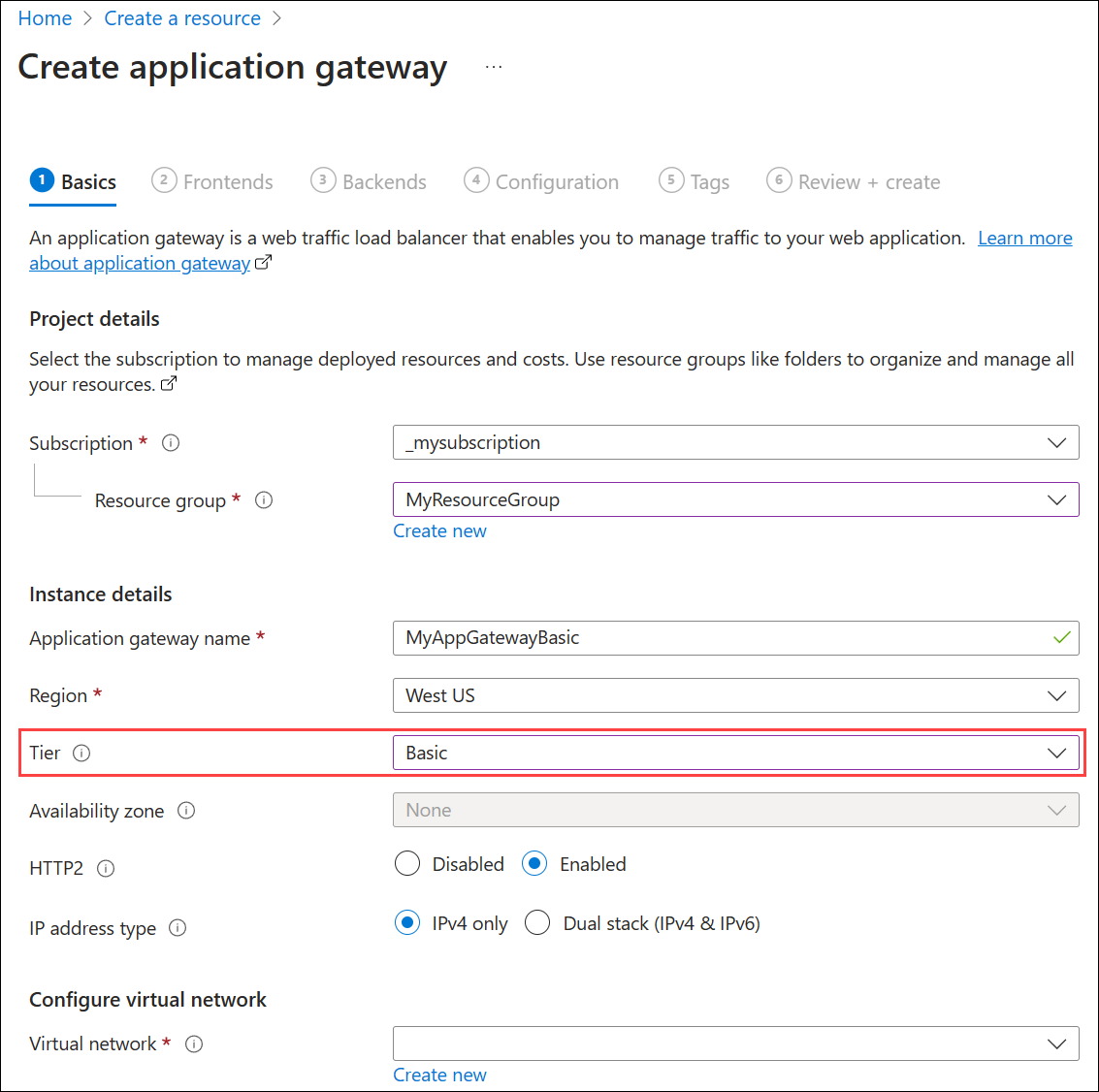 Cuplikan layar membuat gateway aplikasi baru: tab Dasar.