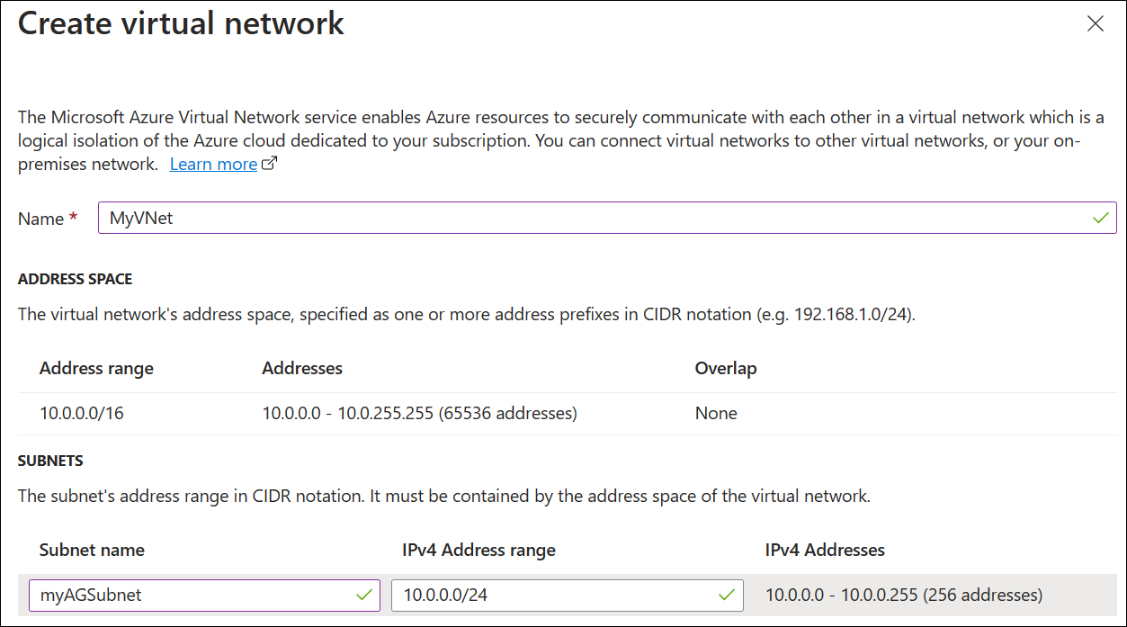 Buat vnet baru untuk gateway aplikasi.